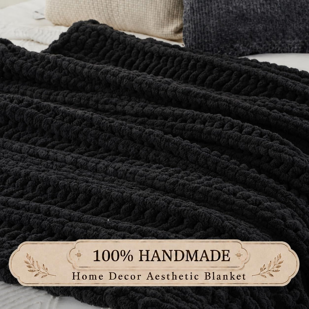 Chunky Knit Throw Blanket, Hand Made Chenille Throw Blanket, Super Soft Warm Cozy Charcoal Blanket, 50"x60"