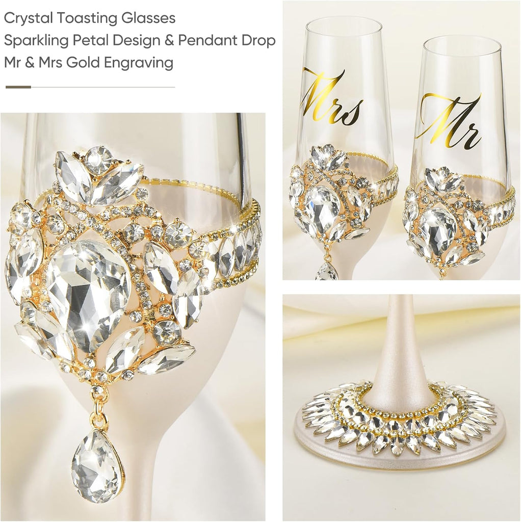 Wedding Cake Cutting Set, Luxury Handcrafted Crystal Champagne Flutes with Gold Petal Rhinestones and Pendant