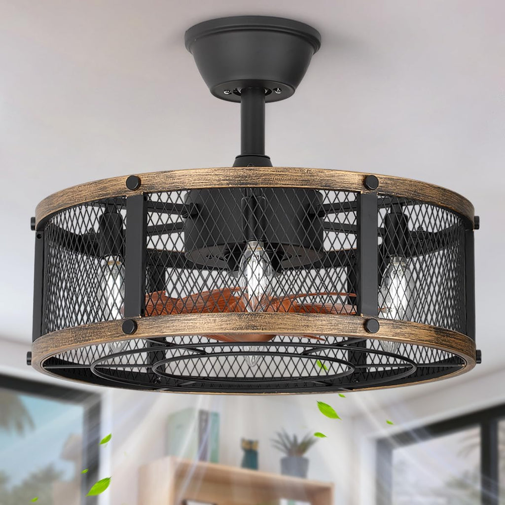 19" Farmhouse Caged Ceiling Fan with Light, 6-Lights, Rustic Ceiling Fans with Lights and Remote, Bladeless Ceiling Fan with Light for Kitchen, Living Room A101-B0F18BKGTG