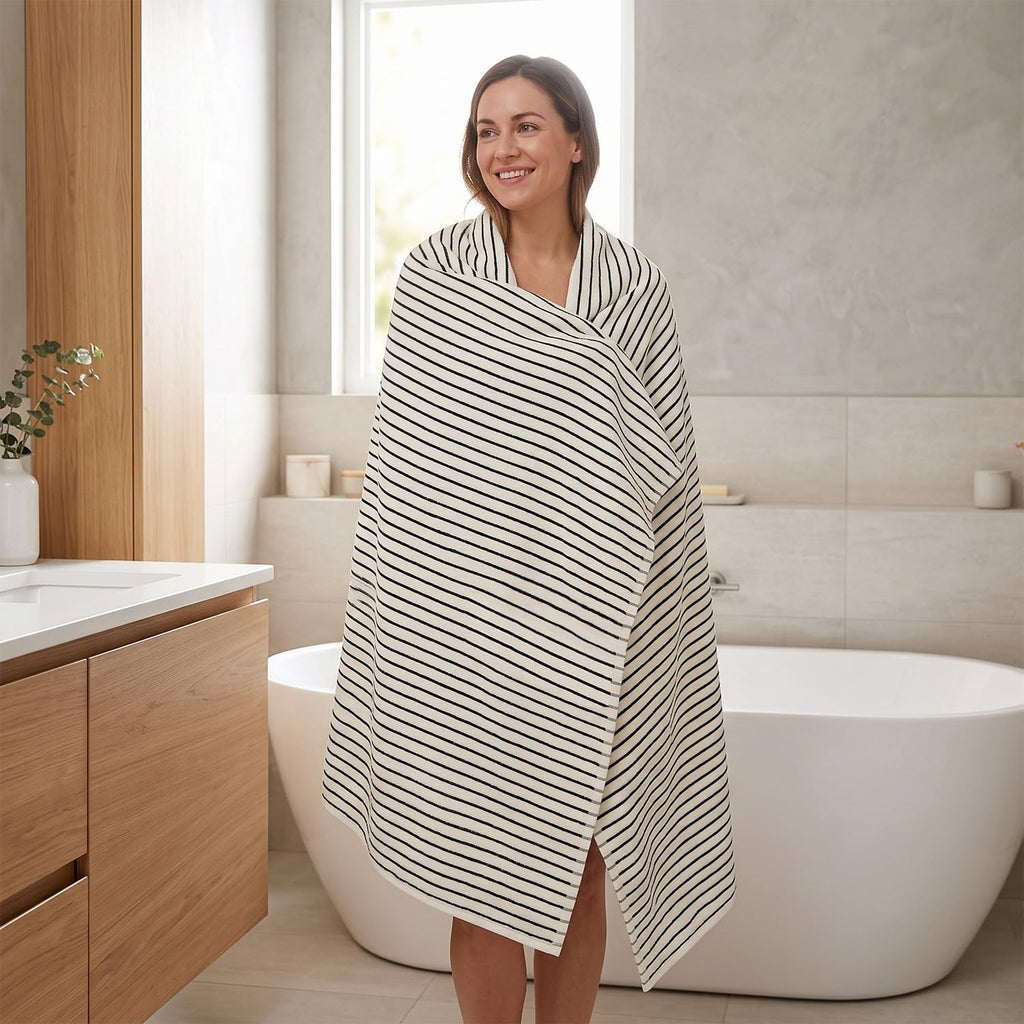 & Cream Striped Bath Sheets Set of 2, Extra Large Bath Towels | Cotton Bath Towel Oversized , Beach & Pool, 35" x 70"