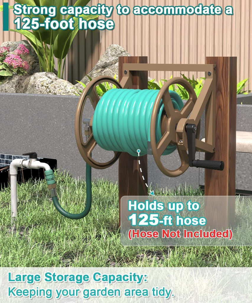 Garden Hose Reel Wall Mounted, Outdoor Heavy Duty Powder Coated Metal Water Hoses Holder Winder Holds 125 ft 5/8"