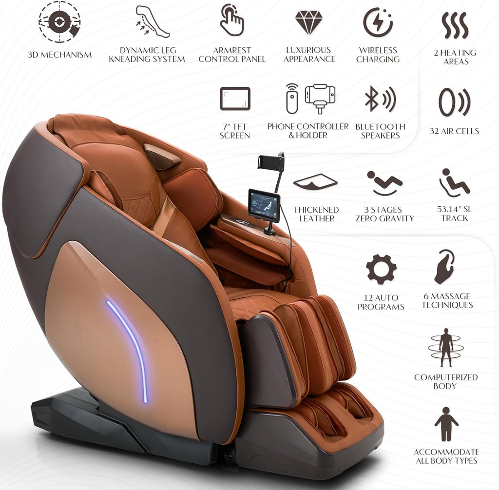 3D Massage Chair, Full Body Massage Chair, Zero Gravity Recliner w/Dynamic Leg Kneading System, 53.14" SL Track