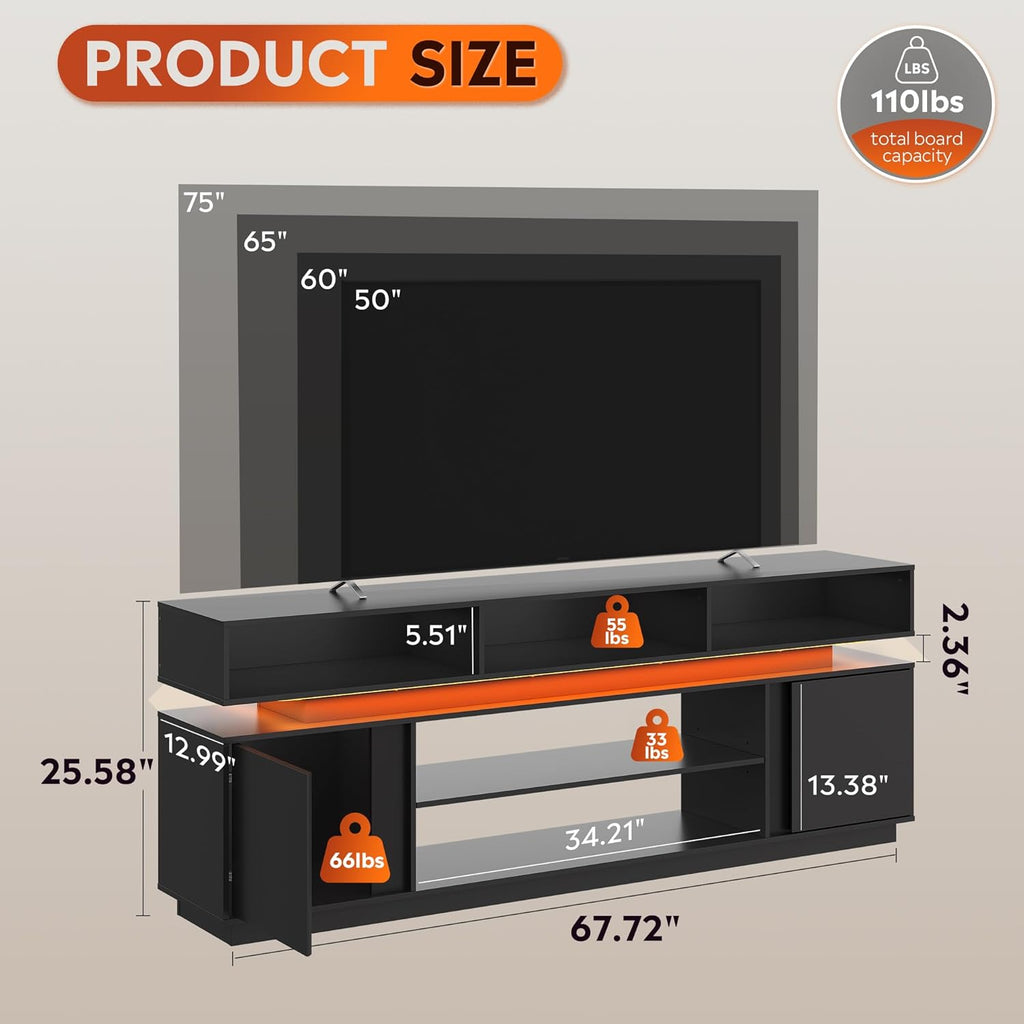 68" Tall TV Stand for 75 Inch TV, Modern Entertainment Center with RGB LED Lights & Storage Cabinets, Media Console