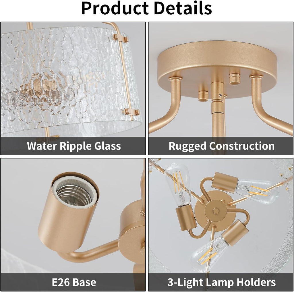 Semi Flush Mount Ceiling Light Fixture Glass Drum Chandelier Entryway Light Fixture 16''Gold Flush Mount Ceiling
