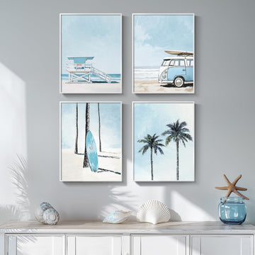 Framed Blue Coastal Beach Wall Art for Room Decor, 4 Piece Beach Ocean Bathroom Canvas Pictures Prints, Palm Tree