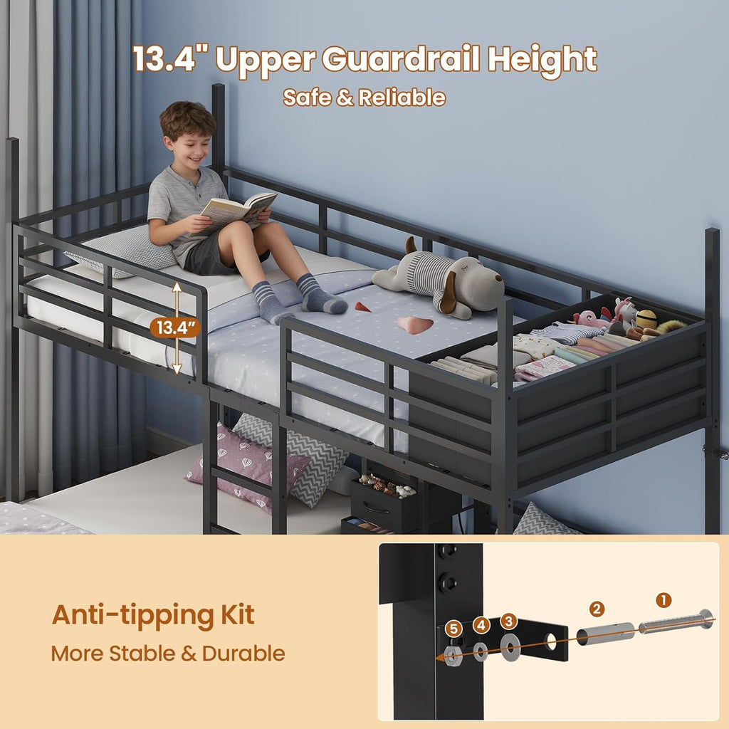 Triple Bunk Bed Twin with House, 4 Storage Drawers, Charging Station and LED Lights
