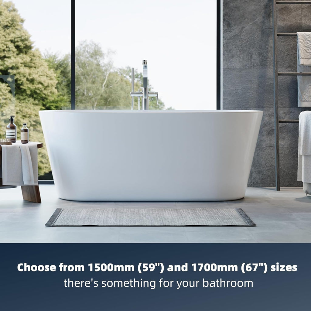 Acrylic Freestanding Bathtub, Deep Soaking Tub with Non-Slip Base, CUPC Certified Free Standing Tub, Chrome Drain