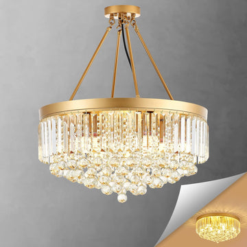 9-Light Gold Crystal Chandelier Contemporary 22'' Modern Semi Flush Mount Crystal Hanging Light Sparkling Decoration