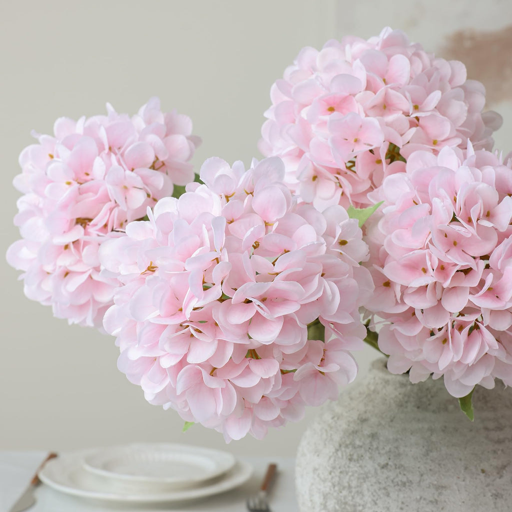 4Pcs Pink Artificial Hydrangea Flowers Large Fake Silk Hydrangea Flower with Leaves Stems Realistic Faux Hydrangeas