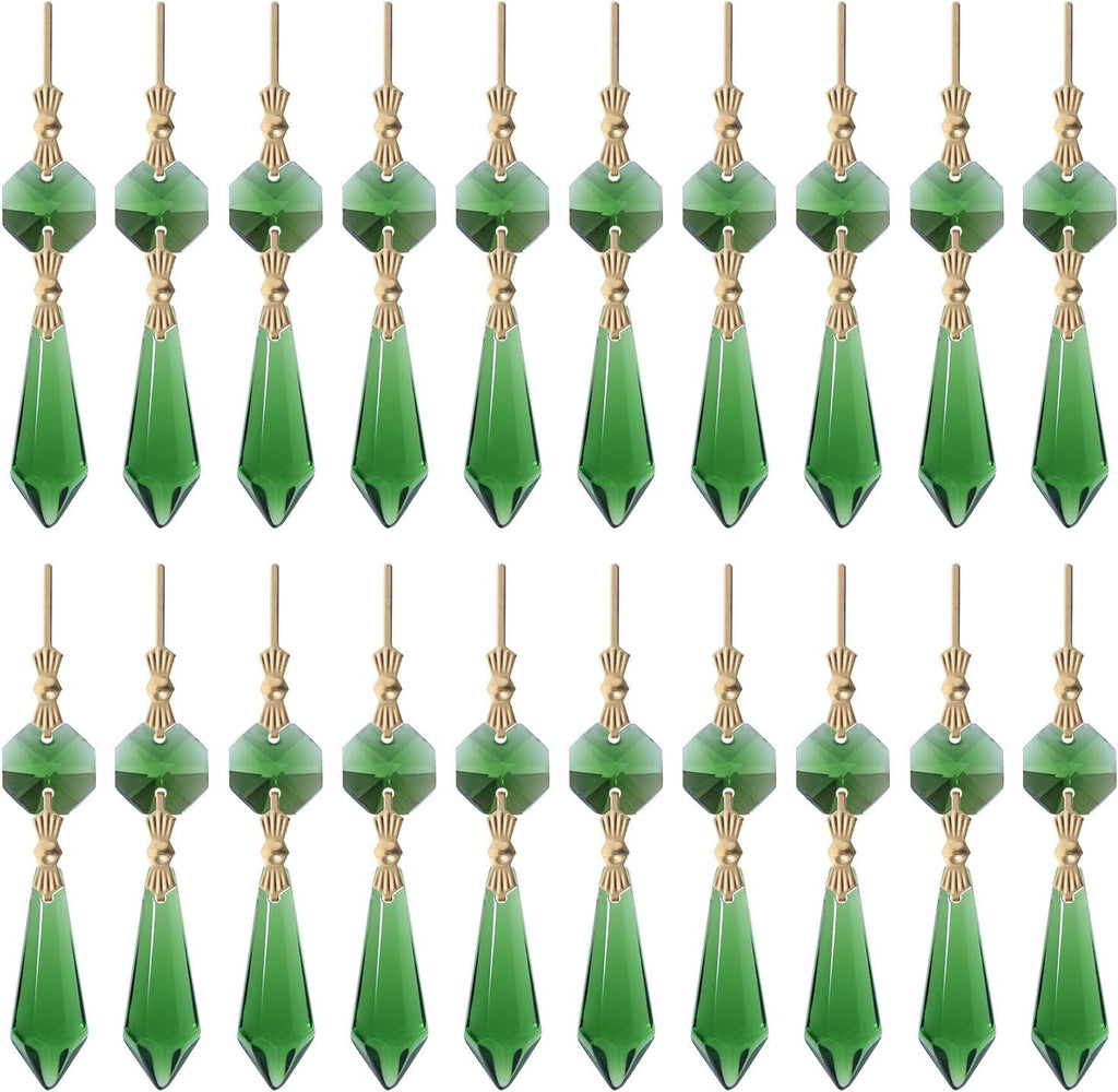 20pcs Green Crystals Prisms Glass Tip Beads Replacement Chandelier Icicle Drop Pendants Octagon Crystal Beads Gold