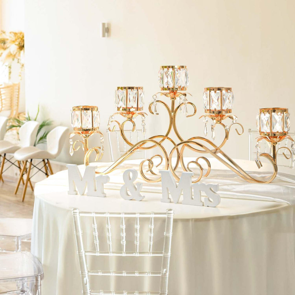 Large Elegant 5 Arms Crystal Bowl Tealight Candle Holder/Candelabra Crystal Votive, 5-arms Candlestick Holder for