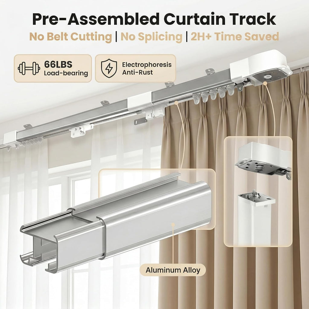 Pre-Assembled Telescopic Smart Curtain Track, No Splicing/Cutting, AC Plug-in WiFi Motor (No Hub Required)