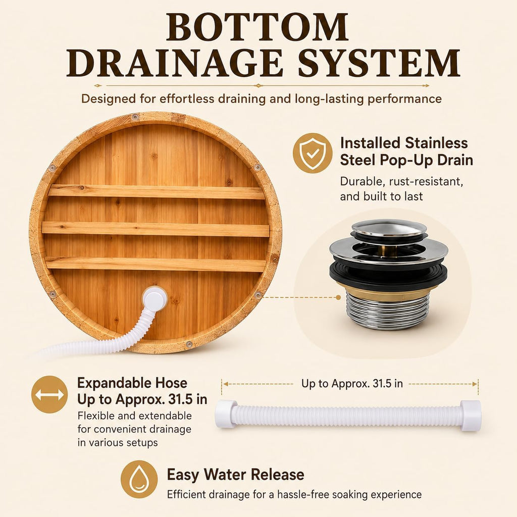 Luxury Fragrant Cedar Soaking Tub - Japanese Style Round Wooden Bathtub with Foot Massager & Full Accessories (wooden
