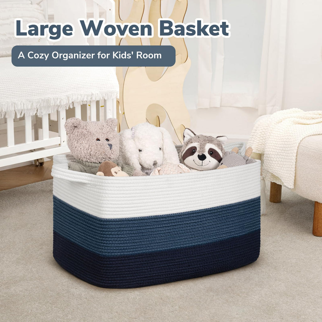 Large Woven Rope Blanket Basket, Rectangle, Light Blue