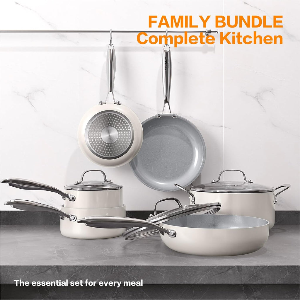 Ceramic Nonstick Cookware Set, 10-Piece Non Toxic Pots and Pans Set with Glass Lids, PFOA-Free Healthy Kitchen Ware