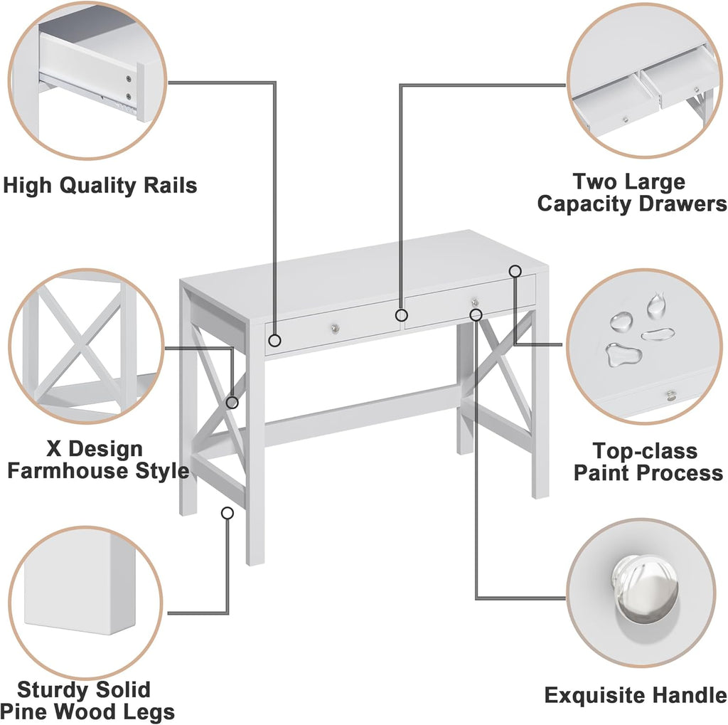 Computer Desk Study, Modern Simple 40 Inches Desk with Drawers, Makeup Vanity Console Table, White