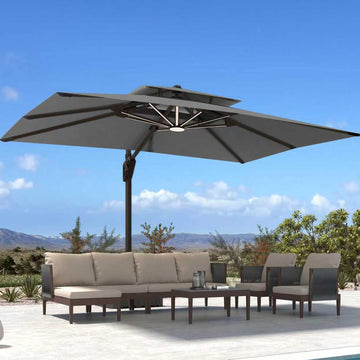 10' X 13' Patio Umbrella with Weighted Base and LED Lights Outdoor Cantilever Large Rectangle Offset Umbrellas Heavy