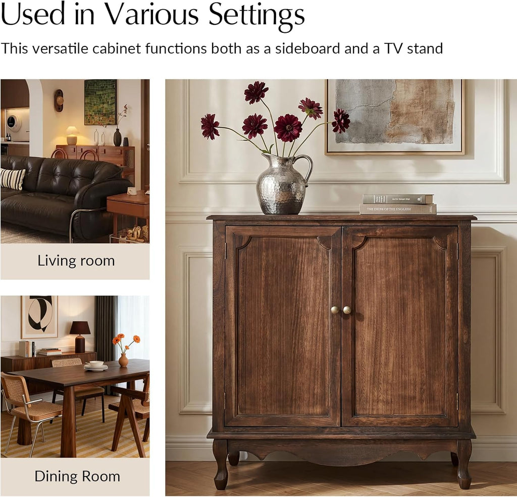 Solid Wood Sideboard with Adjustable Feet, 2 Shelves Storage Cabinet with Double Doors