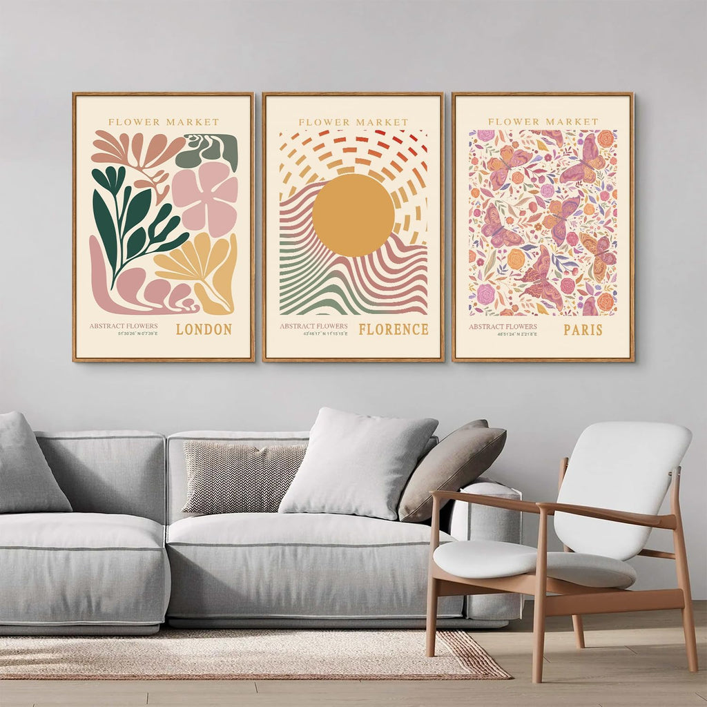 Boho Flower Market Framed Canvas Wall Art Set, Pink Beige Cute Butterfly Wall Decor, Colorful Abstract Floral Wall