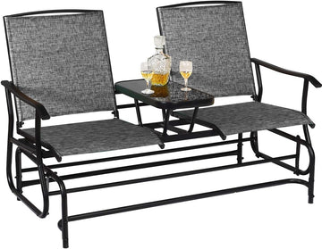 Patio Bench Glider Chair with Metal Frame, Center Tempered Glass Table, Outside Double Rocking Swing Loveseat for