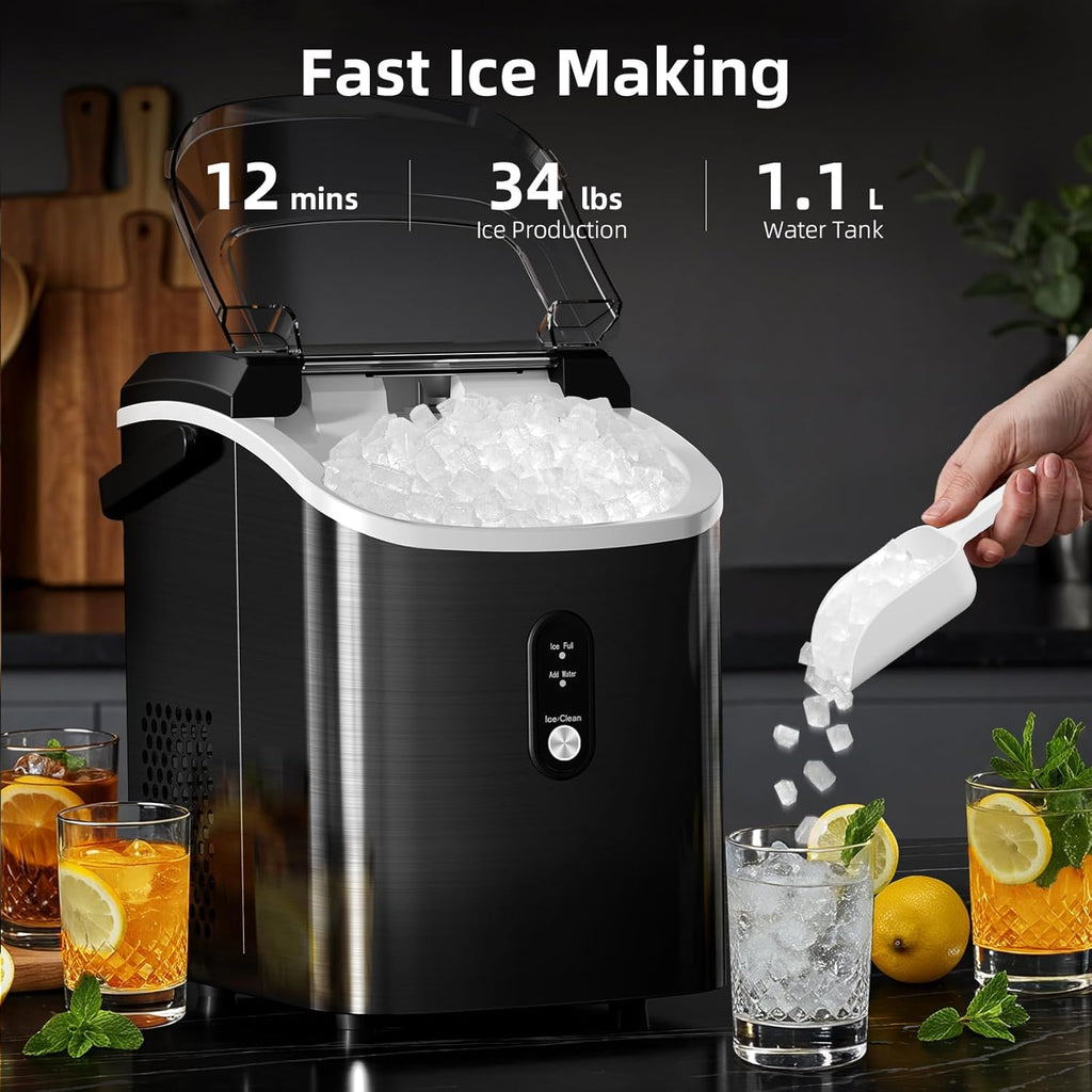 Nugget Ice Maker Countertop with Soft Chewable Ice, Portable Sonic Ice Maker with Basket and Scoop, Removable Top
