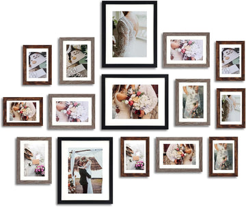 Picture Frames Set, 15 Pack Wall Frame Set in 3 Different Finishes with Mat for Multiple Sizes Photos, Three 8x10