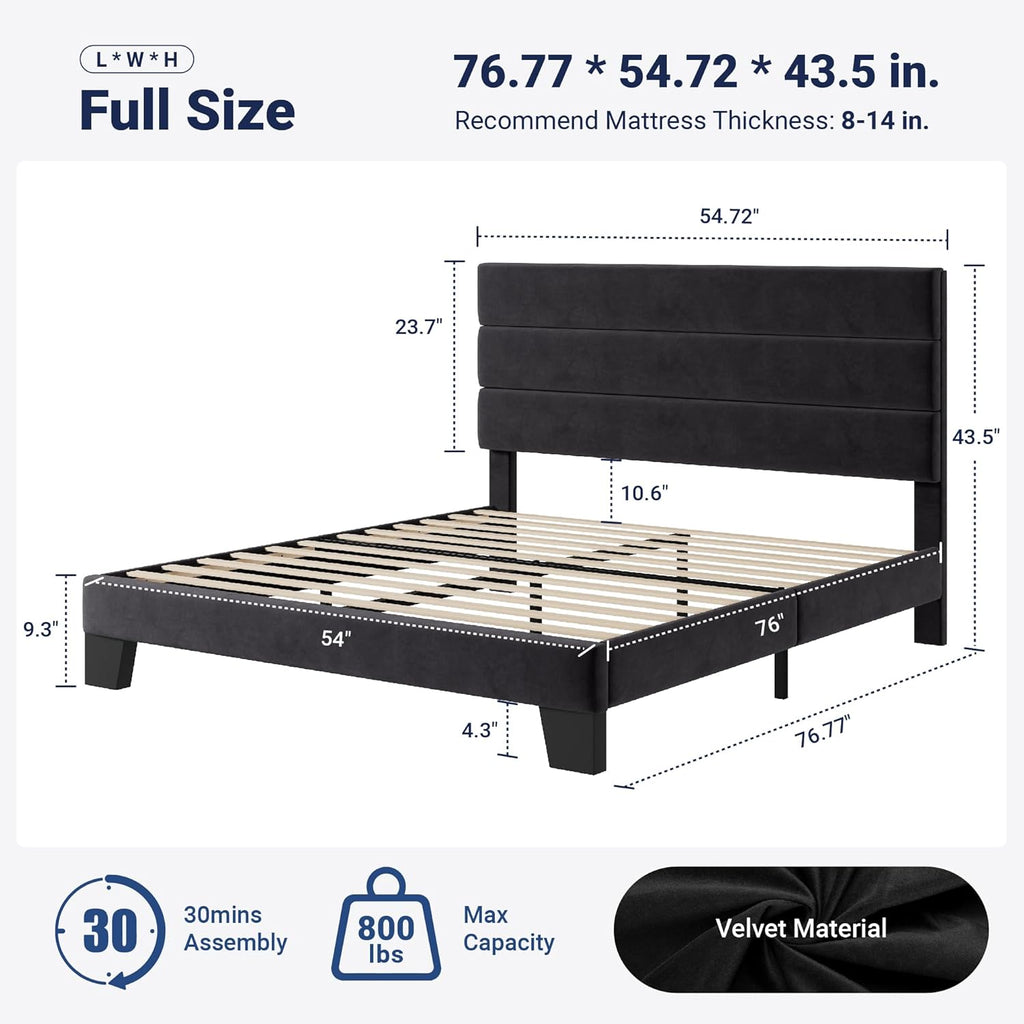 Full Platform Bed Frame with Velvet Upholstered Headboard and Wooden Slats Support
