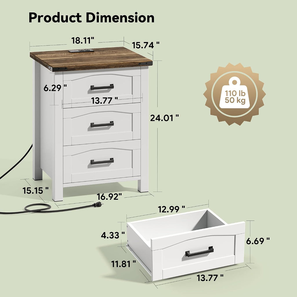 Farmhouse Nightstand Set of 2 with Charging Station, 18'' Wide Rustic End Table with USB/Type-C Ports, 3 Drawers