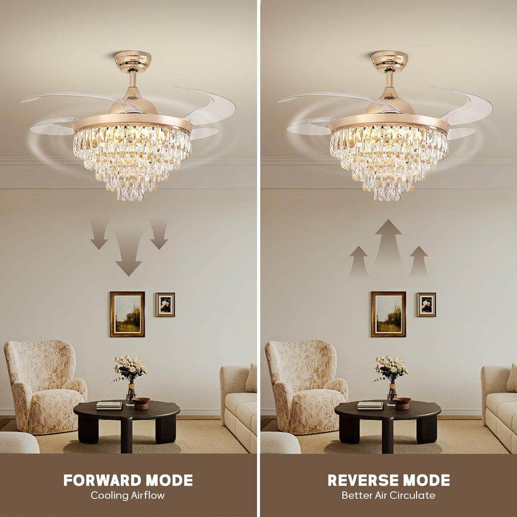 48" Crystal Ceiling Fans with Lights and Remote, Dimmable, 6 Speeds, Luxury Chandelier Fan Rose Gold Crystal Fandelier