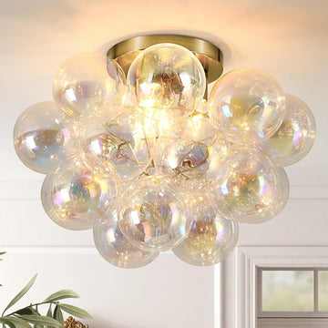 Bubble Glass Flush Mount Ceiling Light Mid Century Modern Gold Chandelier | Dimmable Bubble Lighting Fixture with 17