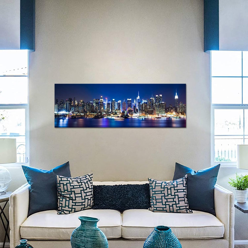 New York Wall Art Living Room Decor Beautiful Manhattan City Skyline Night Light Photo Poster Prints on Canvas Blue
