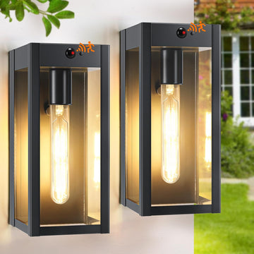10.6" Small Motion Sensor Black Outdoor Wall Lights 2Pack, Dusk to Dawn Porch Lights Outdoor Wall Sconce with 3 Lighting Modes, Exterior Lighting Fixture Lanterns for House Garage, None-Bulb