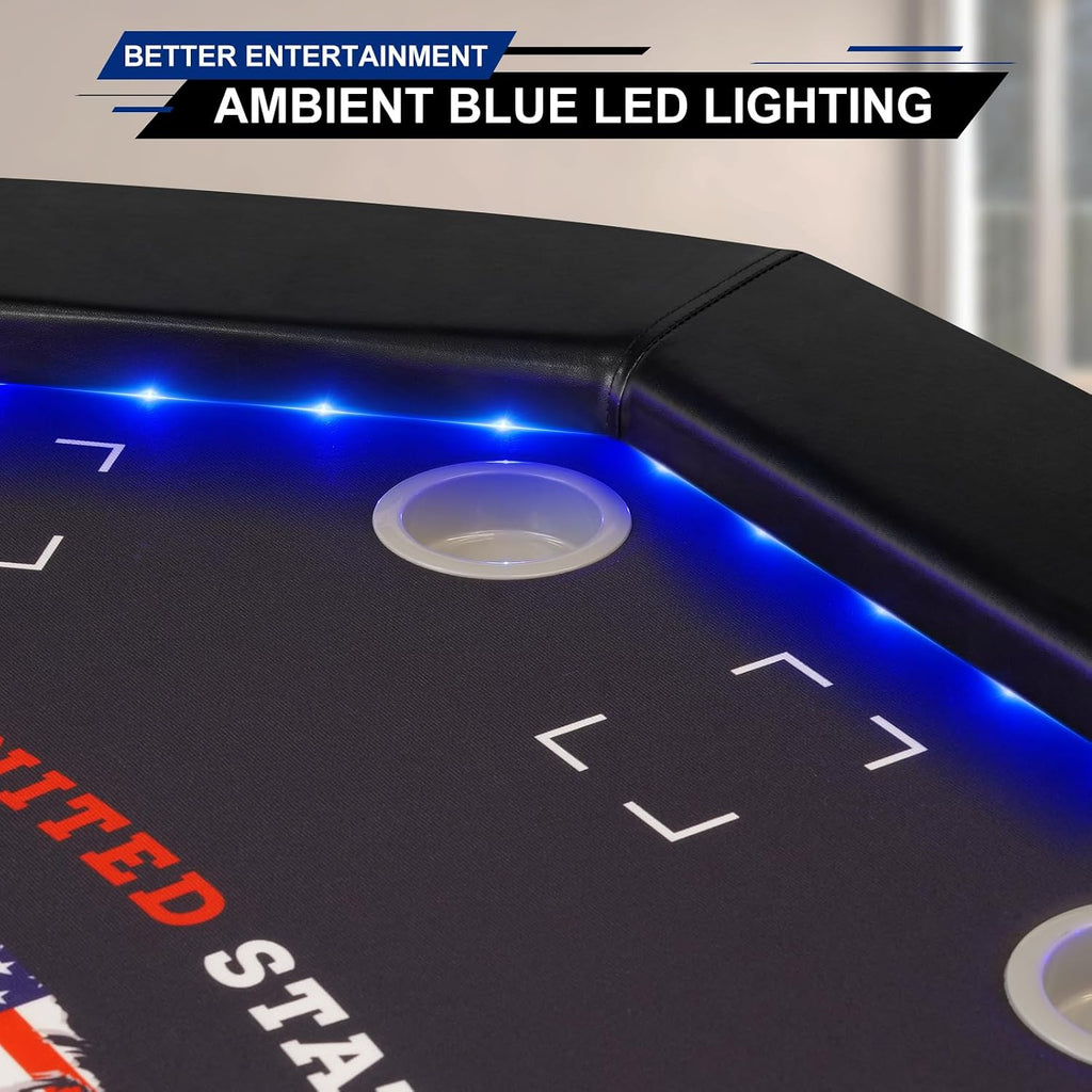 Foldable Poker Table with LED Lights, Octagon Casino Leisure Texas Holdem Table for 8 Player, Folding Blackjack Table