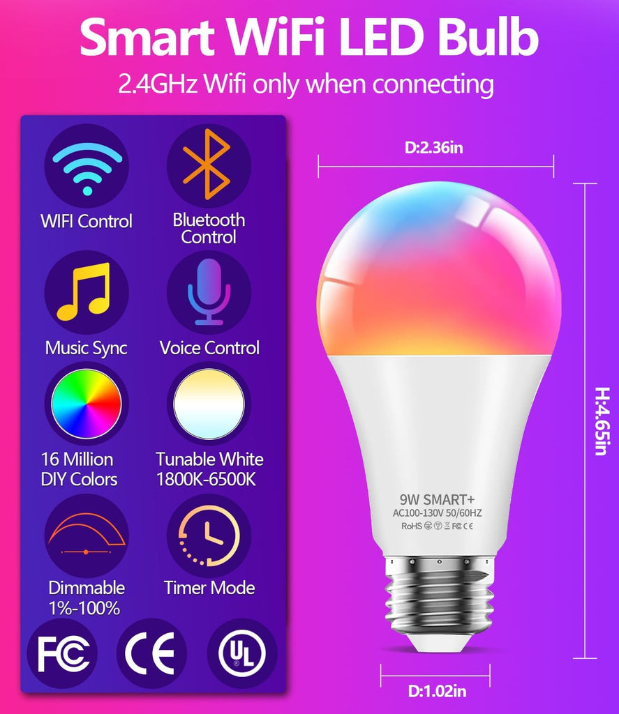 Smart Light Bulbs, 9W A19 E26 800LM WiFi Bluetooth LED Bulbs Compatible with Alexa, Google Assistant & Home, 16