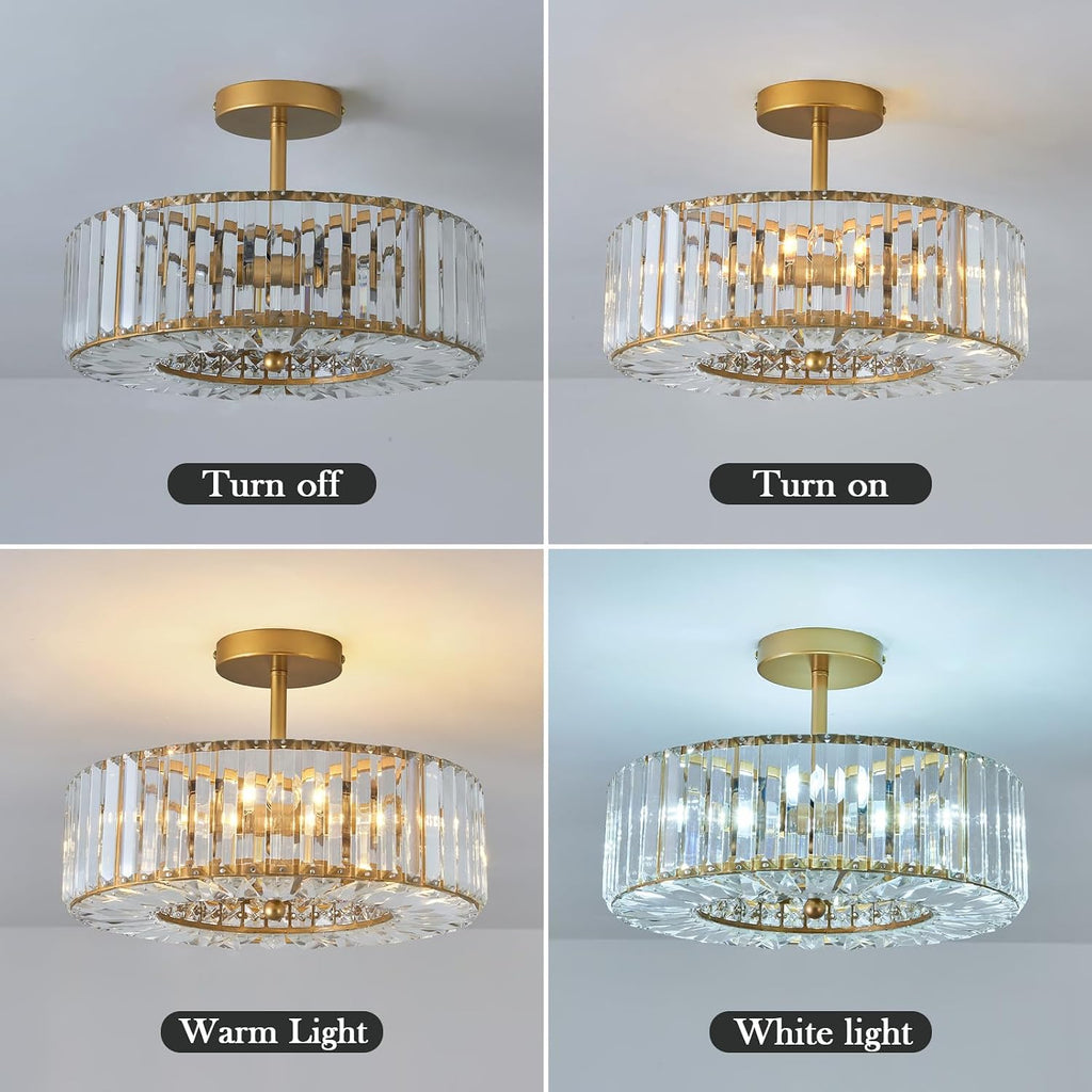 4 Lights Modern Crystal Chandelier Gold Round Semi Flush Mount Ceiling Light Fixture Farmhouse Chandelier for Dining