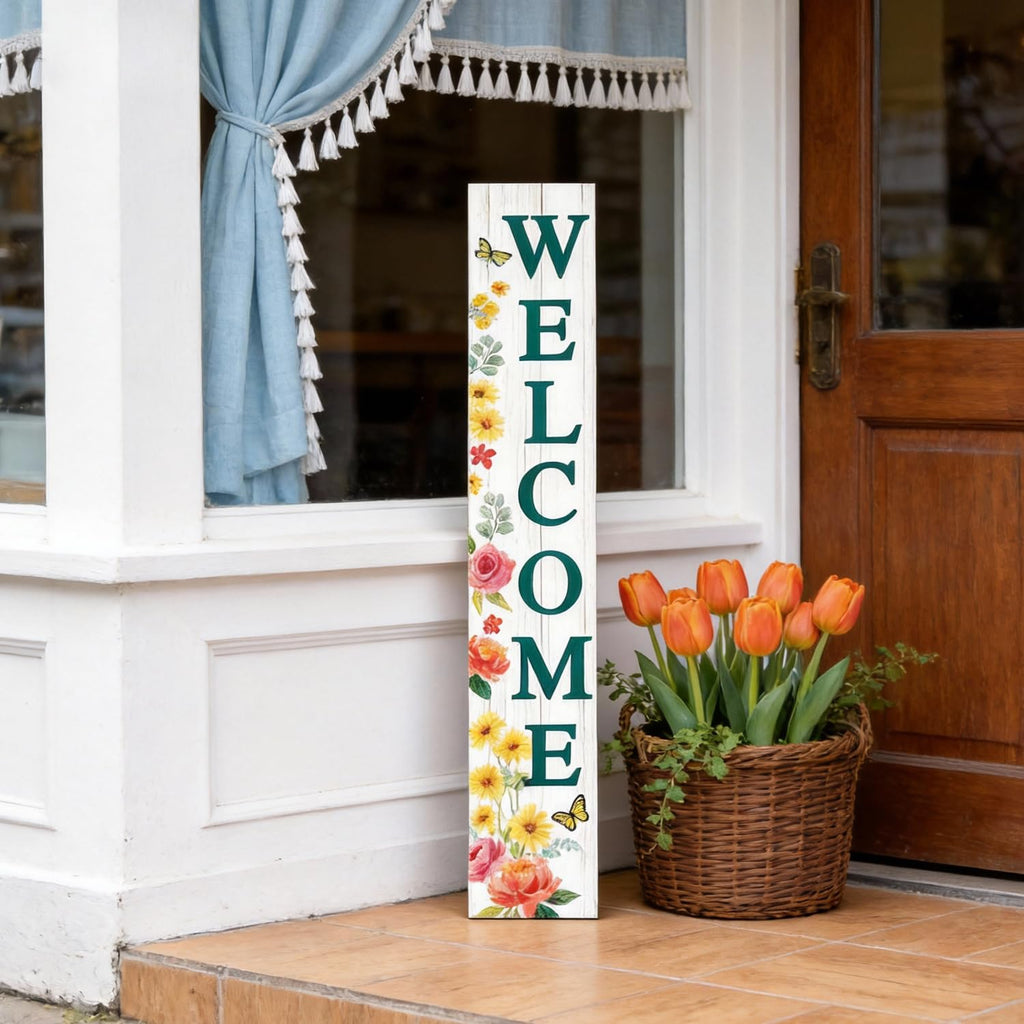 Welcome Sign for Front Door, Spring Flower 47"X8" White