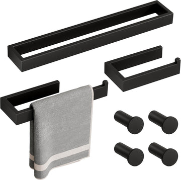 7-Piece Bathroom Hardware Set Black, Includes 16 Inch Towel Bar, Towel Ring, Toilet Paper Holder & 4Pcs Coat Hooks
