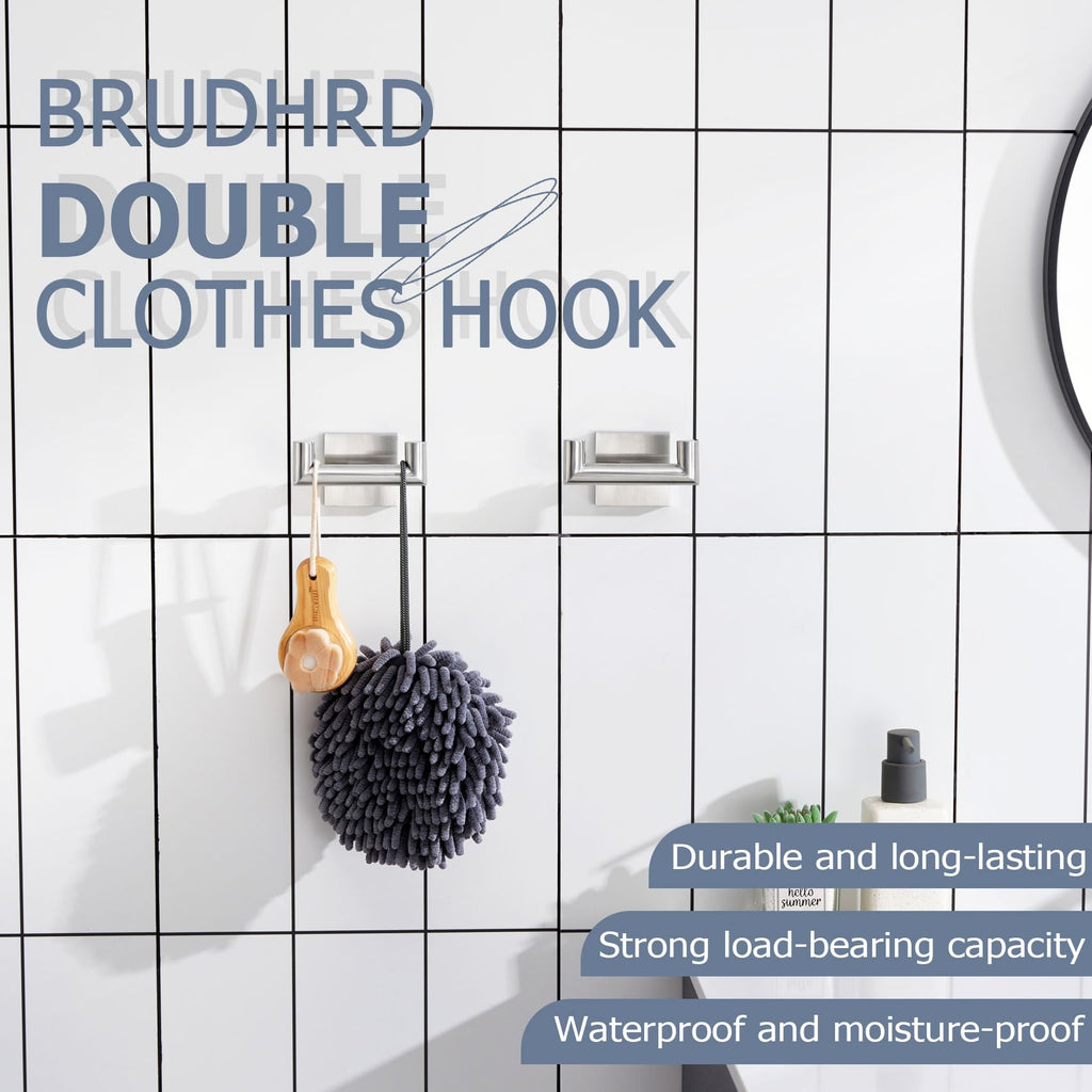 Robe Hook Bathroom Double Towel Coat Hooks for Bath Kitchen Wall Mounted, 2 Pack Brushed Nickel Stainless Steel