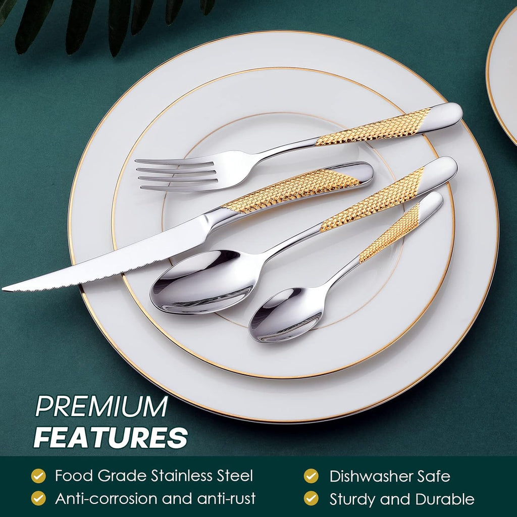 Hammered Silver Gold Silverware Set, 24-Piece 18/10 Stainless Steel Flatware Set, Service of 6