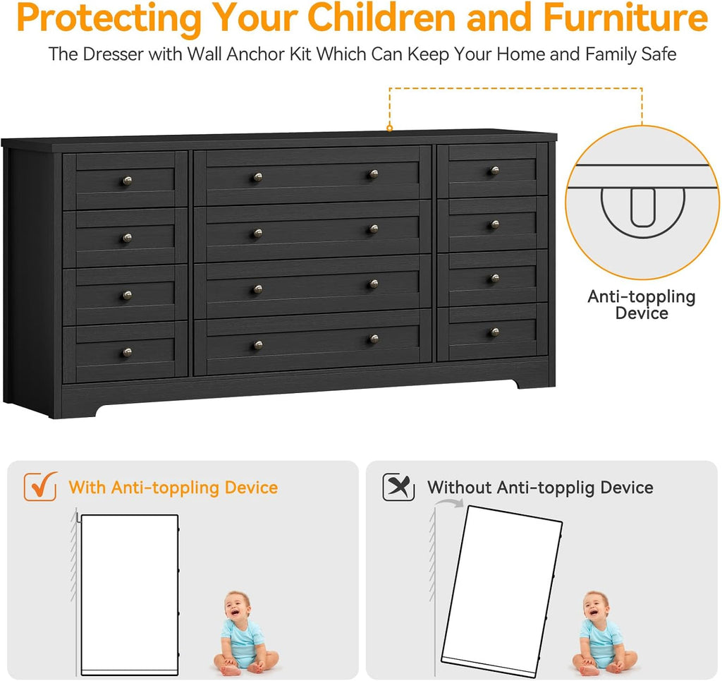 12 Drawer Wood Dresser - 63" Wide Chest of Drawers, Modern Storage Cabinet , Fits 65 Inch TV, Sturdy Wood