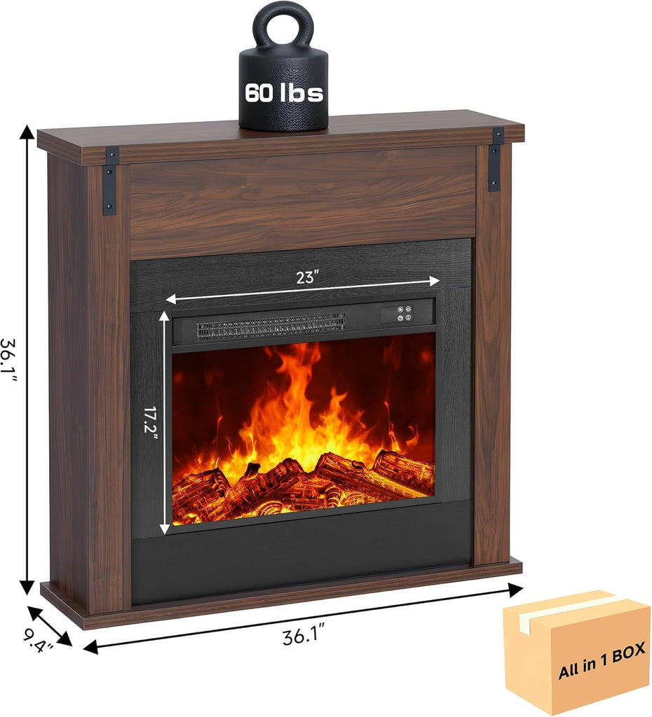 36" Modern Freestanding Electric Fireplace with Mantel, Minimalist TV Stand Electric for Living Room, Bed Room, Walnut