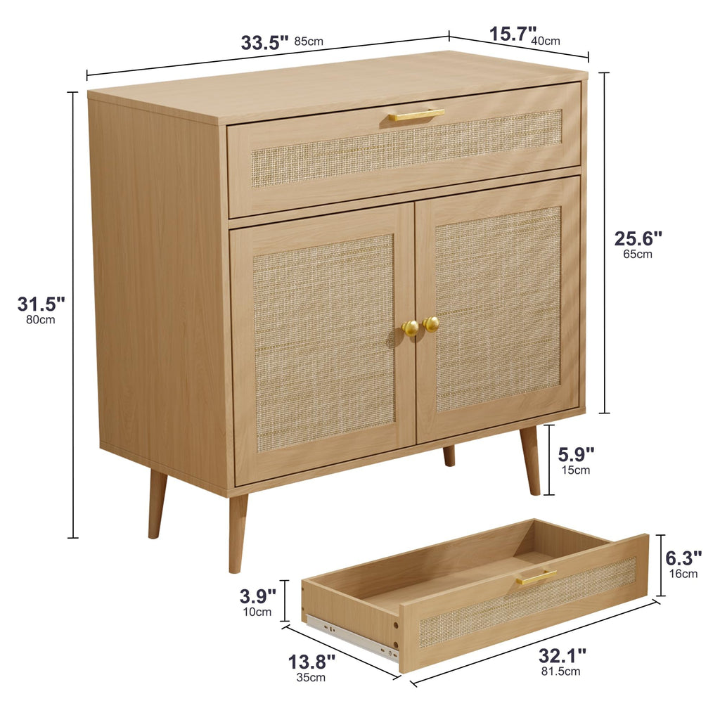 Rattan Sideboard Buffet, Boho Kitchen Cabinet with Drawer & 2 Doors, Modern Mid Century Accent Cabinet with