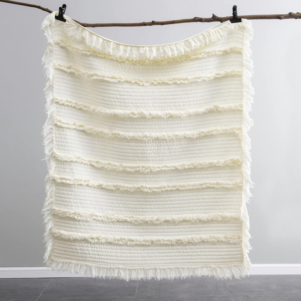 Ultra Soft Pre-Washed Warm Quilted Throw Blanket, Ruffle Fringed Cream Boho Decorative Throw, Stone Washed Chic