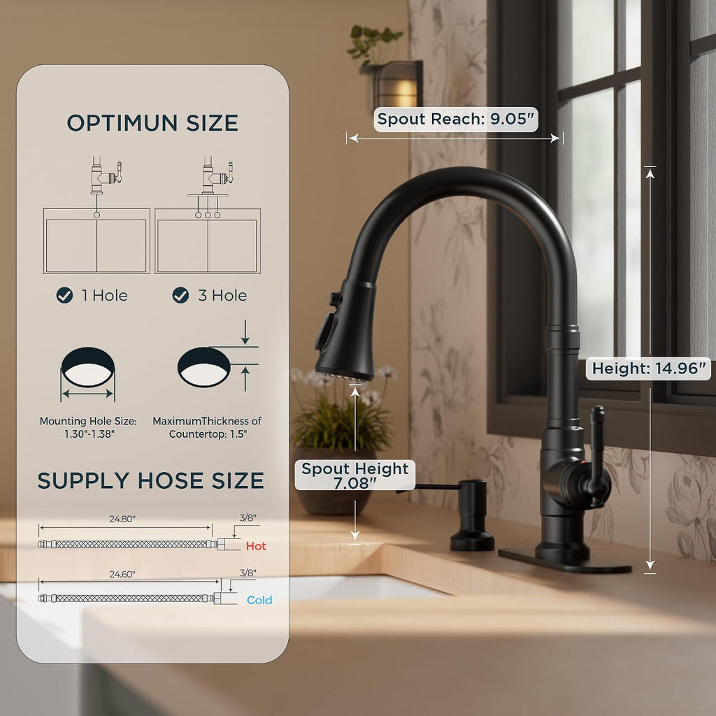 Vintage Kitchen Faucet with Soap Dispenser, Matte Black