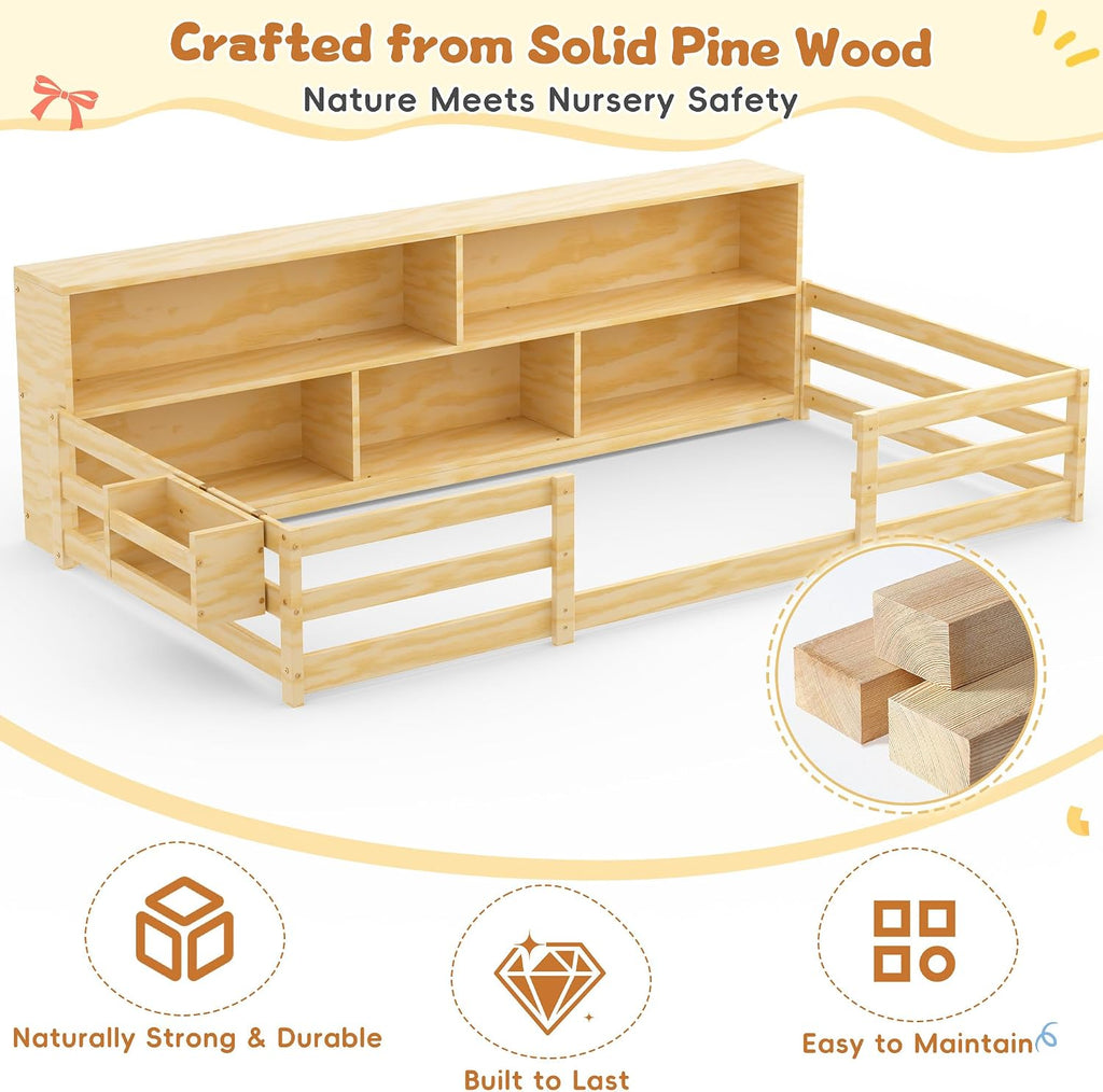 Twin Floor Bed for Kids, Wooden Montessori Bed Frame with Bookcase, Bedside Storage Shelves & Guardrails, Versatile