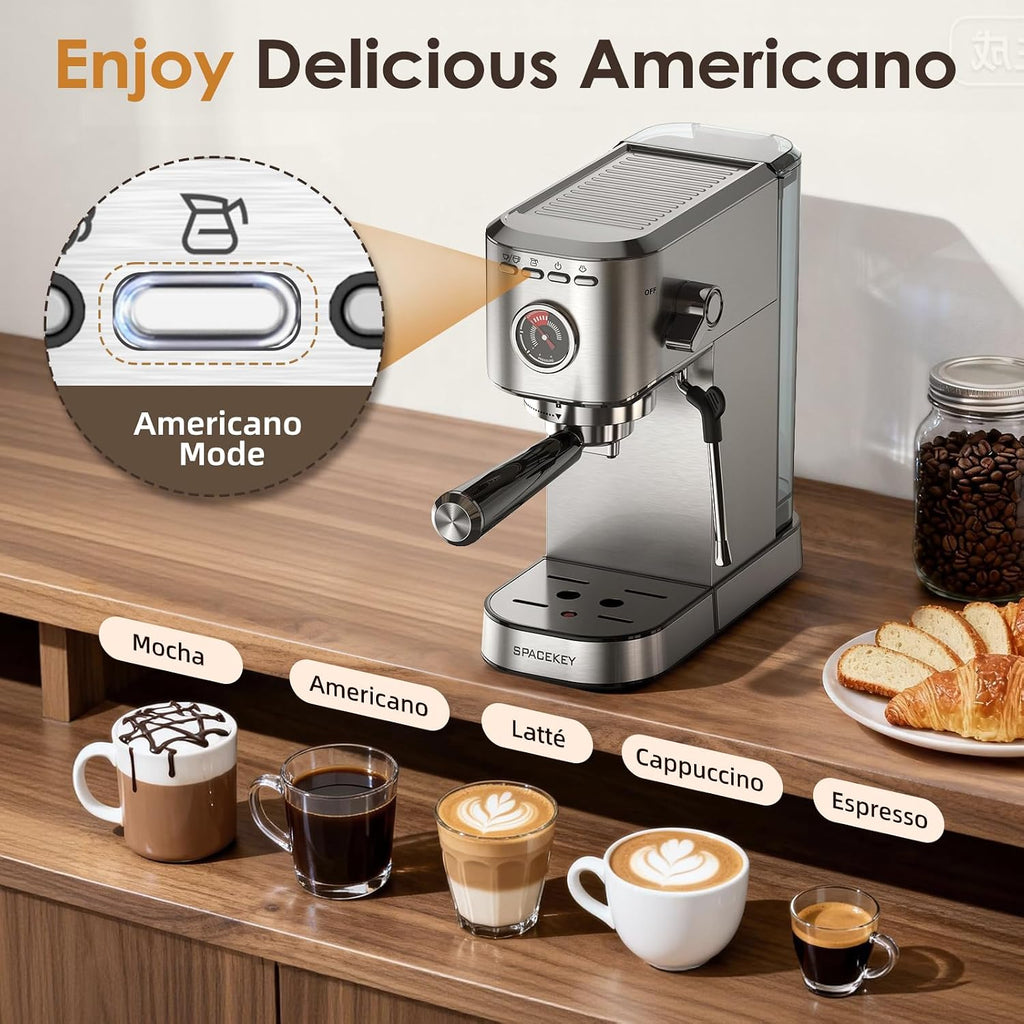 Espresso Machine with Milk Frother, 20 Bar Compact Expresso Coffee Machines , Stainless Steel Espresso Maker with