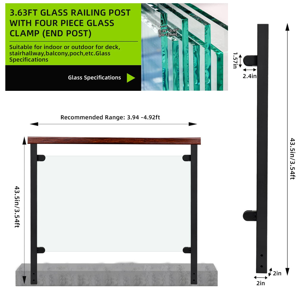 43.5" Wall Mount Glass Railing End Post, Deck Railing Post with 2 Glass Clamp for Staircase, 304 Stainless Steel Glass