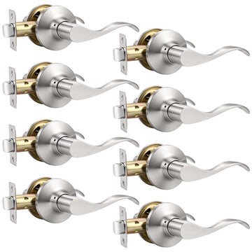 8 Pack Satin Nickel Modern Interior Passage Door Knobs, Keyless Door Handle & Closet, Wave Style Non-Locking Door