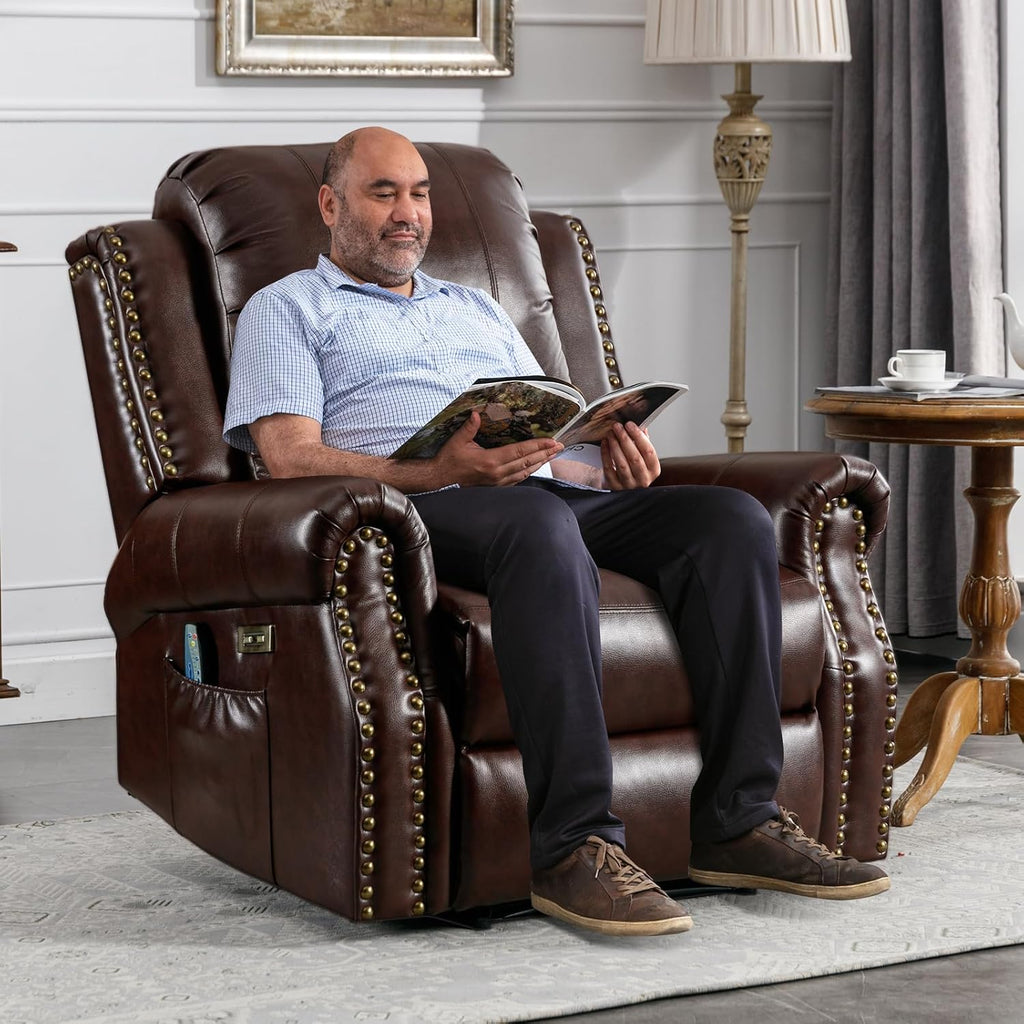 Classic Power Recliner Chair with Massage and Heat, Breathable Faux Leather Electric Recliner with USB&Type-C Ports