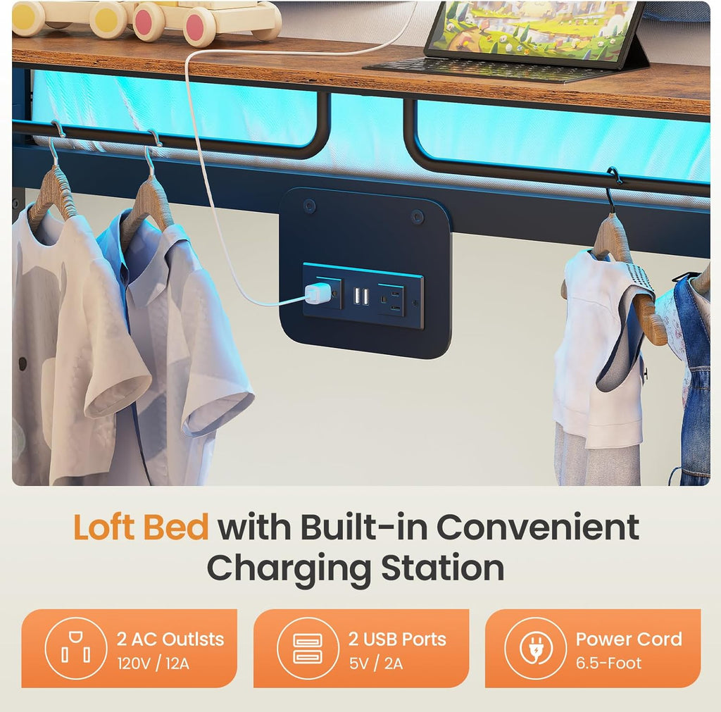 Metal Bunk Bed Twin Over Twin with Hall Tree, Power Outlet, LED Bunk Bed with 4 Storage Drawers